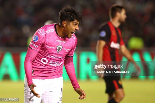 Luis Segovia of Independiente del Valle celebrates after scoring the third goal of his team during a Copa CONMEBOL Sudamericana 2022 second-leg...