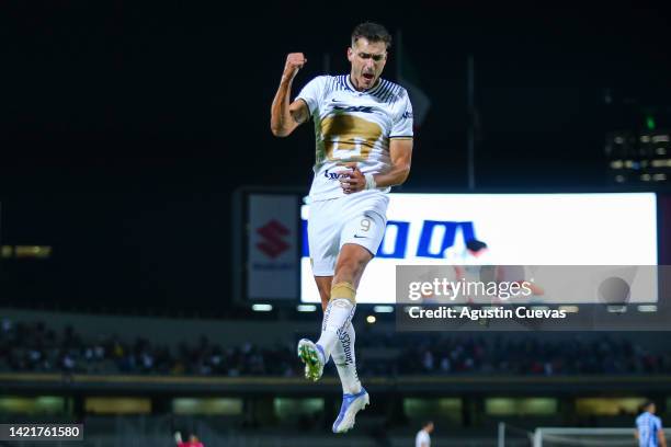 Juan Dinenno of Pumas celebrates after scoring the second goal during the 13th round match between Pumas UNAM and Queretaro as part of the Torneo...