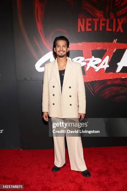 Xolo Maridueña attends Netflix's "Cobra Kai" Season 5 Premiere Event at Los Angeles State Historic Park on September 07, 2022 in Los Angeles,...