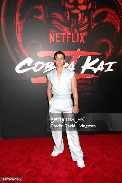 Tanner Buchanan attends Netflix's "Cobra Kai" Season 5 Premiere Event at Los Angeles State Historic Park on September 07, 2022 in Los Angeles,...