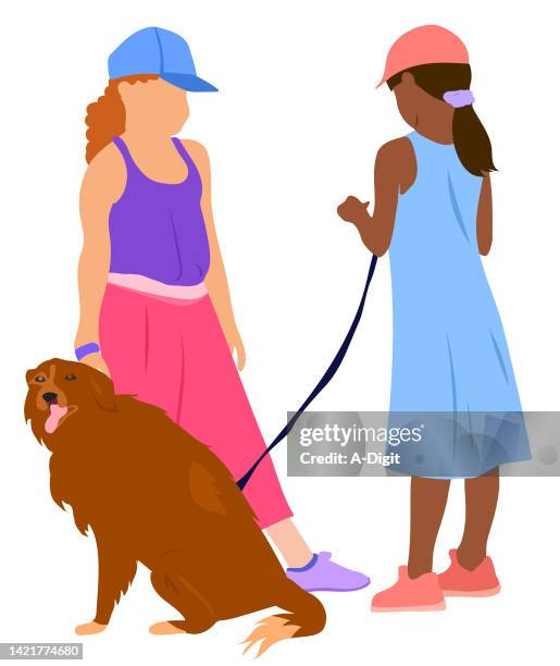 girls and their pet dog brown - pet lead stock illustrations