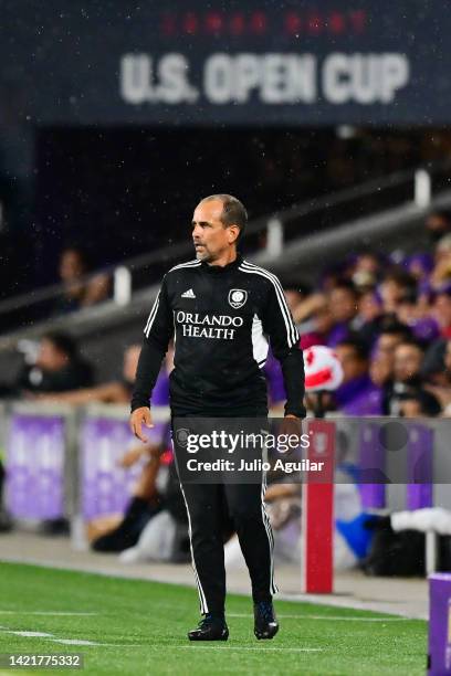 Head coach Óscar Pareja of the Orlando City looks on in the first half against the Sacramento Republic FC during the Lamar Hunt U.S. Open Cup at...