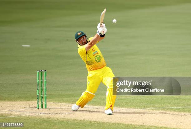 Aaron Finch of Australia hits out during game two of the One Day International Series between Australia and New Zealand at Cazaly's Stadium on...