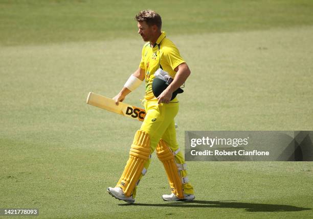 David Warner of Australia walks off after he was dismissed during game two of the One Day International Series between Australia and New Zealand at...