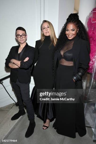 Christian Siriano, Alicia Silverstone and Janet Jackson pose backstage at the Christian Siriano Spring/Summer 2023 NYFW Show at the Elizabeth...