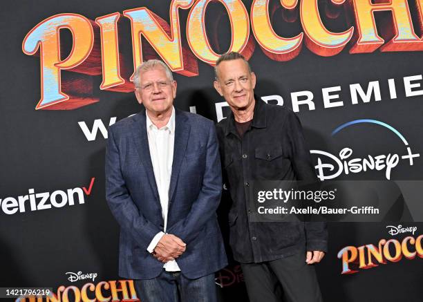 Robert Zemeckis and Tom Hanks attend the World Premiere of Disney's "Pinocchio" on September 07, 2022 in Burbank, California.