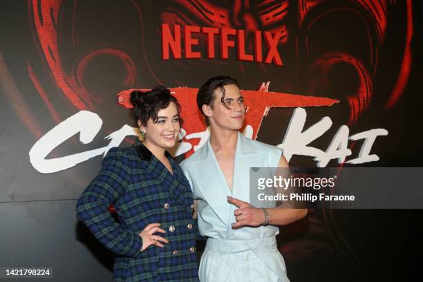 Mary Mouser and Tanner Buchanan attend Netflix's Cobra Kai Season 5 Los Angeles Premiere at Los Angeles Historical Park on September 07, 2022 in Los...