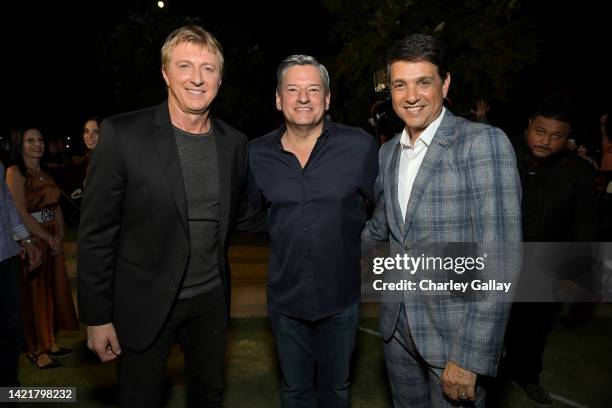 William Zabka, Netflix Co-Chief Executive Officer Ted Sarandos and Ralph Macchio attend Netflix's Cobra Kai Season 5 Los Angeles Premiere at Los...