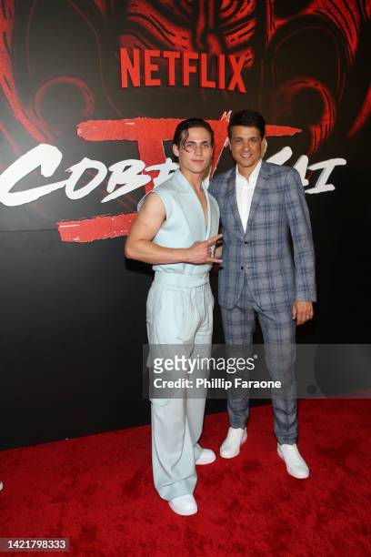 Tanner Buchanan and Ralph Macchio attend Netflix's Cobra Kai Season 5 Los Angeles Premiere at Los Angeles Historical Park on September 07, 2022 in...