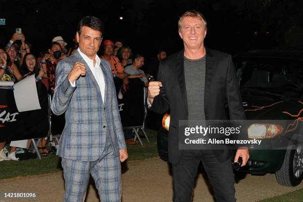 Ralph Macchio and William Zabka attend Netflix's "Cobra Kai" Season 5 Premiere at Los Angeles State Historic Park on September 07, 2022 in Los...