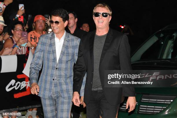 Ralph Macchio and William Zabka attend Netflix's "Cobra Kai" Season 5 Premiere at Los Angeles State Historic Park on September 07, 2022 in Los...