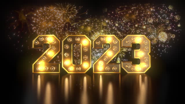 New year's eve countdown to 2023 with fireworks and blinking lights