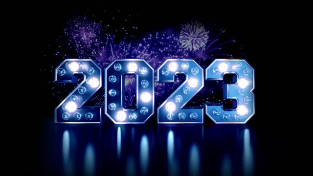 New year's eve 2023 with fireworks and blinking lights in blue theme