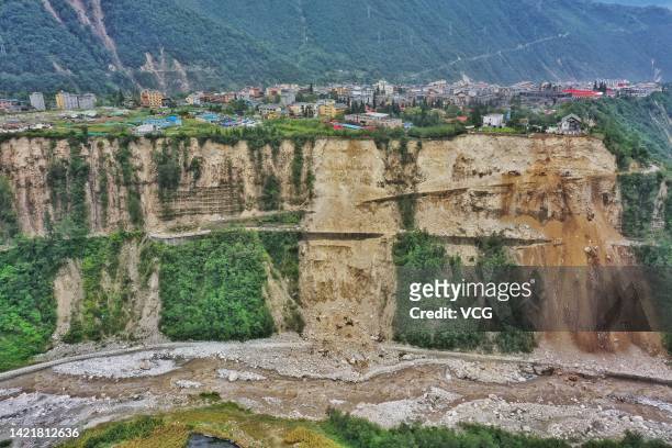 Aerial View of the site of a landslide in a quake-hit area on September 6, 2022 in Luding County, Garze Tibetan Autonomous Prefecture, Sichuan...