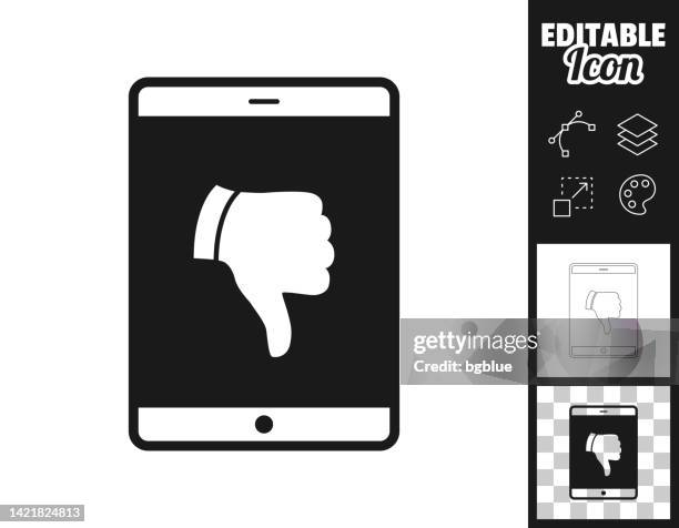 tablet pc with thumbs down. icon for design. easily editable - using tablet hand stock illustrations