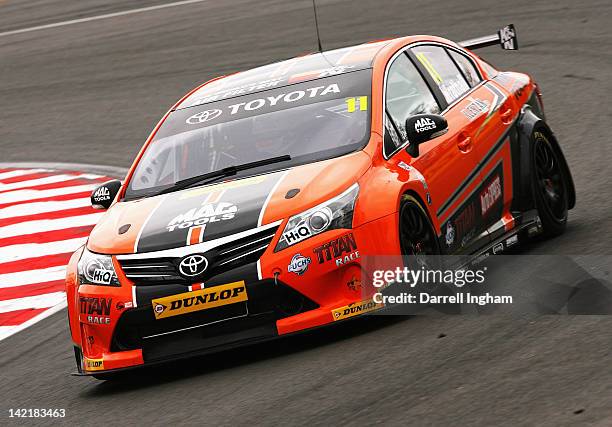 Frank Wrathall of Great Britain drives the Dynojet Toyota Aversis during practice for the Dunlop MSA British Touring Car Championship race at the...