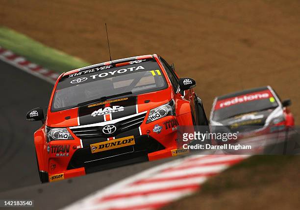 Frank Wrathall of Great Britain drives the Dynojet Toyota Aversis during practice for the Dunlop MSA British Touring Car Championship race at the...