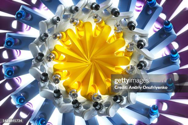 robotic arms circular pattern - modern laboratory stock pictures, royalty-free photos & images