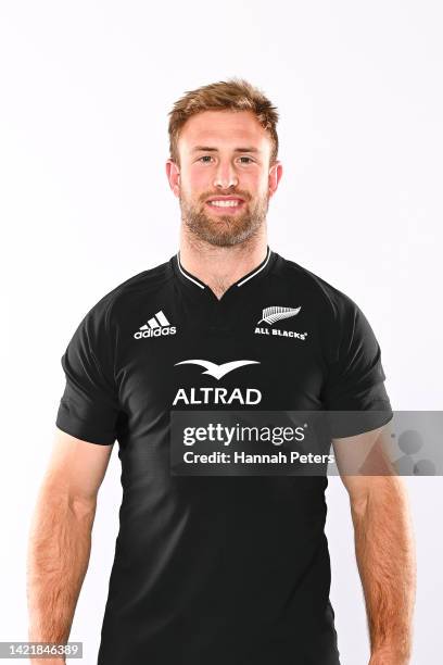 Brayden Ennor poses during the New Zealand All Blacks 2022 headshots session at the Novotel Hotel on September 08, 2022 in Auckland, New Zealand.