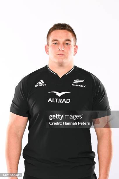 Ethan De Groot poses during the New Zealand All Blacks 2022 headshots session at the Novotel Hotel on September 08, 2022 in Auckland, New Zealand.