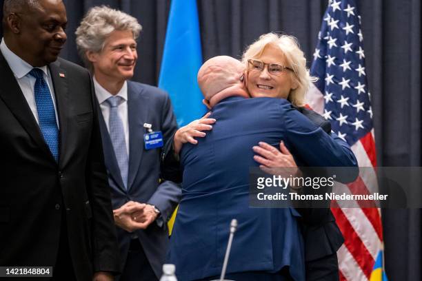 Secretary of Defense Lloyd Austin , Ukrainian Defense Minister Oleksii Reznikov and German Defense Minister Christine Lambrecht attend a meeting of...