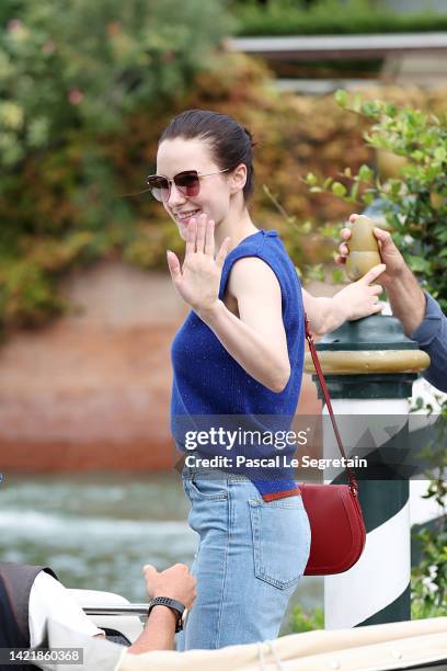 Rachel Brosnahan leaves the Hotel Excelsior during the 79th Venice International Film Festival on September 08, 2022 in Venice, Italy.