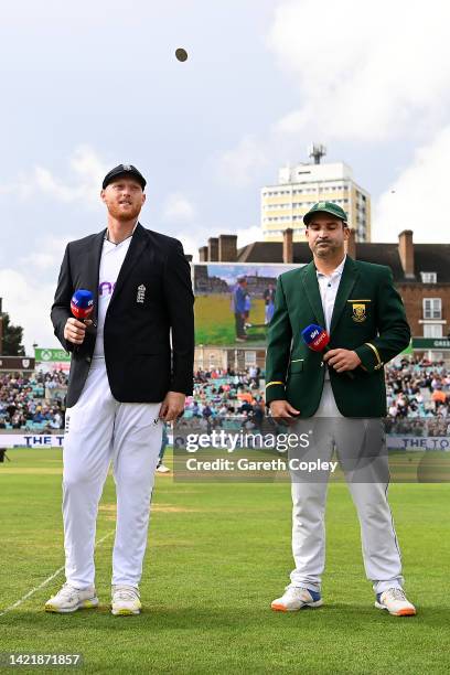 England Captain Ben Stokes tosses the coin alongside South Africa Captain Dean Elgar ahead of Day One of the Third LV= Insurance Test Match between...