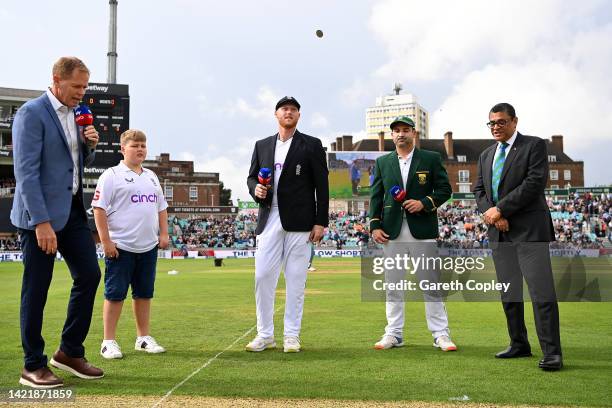 England Captain Ben Stokes tosses the coin alongside South Africa Captain Dean Elgar ahead of Day One of the Third LV= Insurance Test Match between...