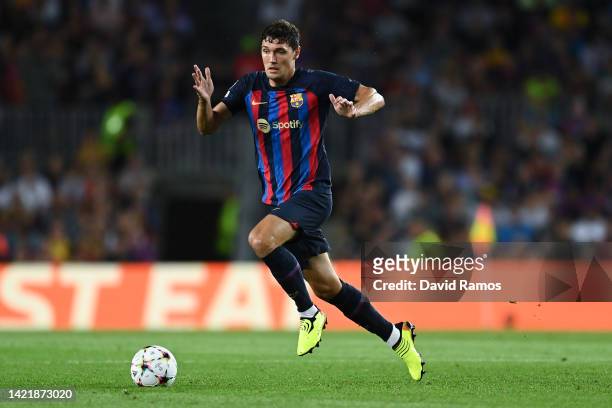 Andreas Christensen of FC Barcelona runs with the ballduring the UEFA Champions League group C match between FC Barcelona and Viktoria Plzen at...