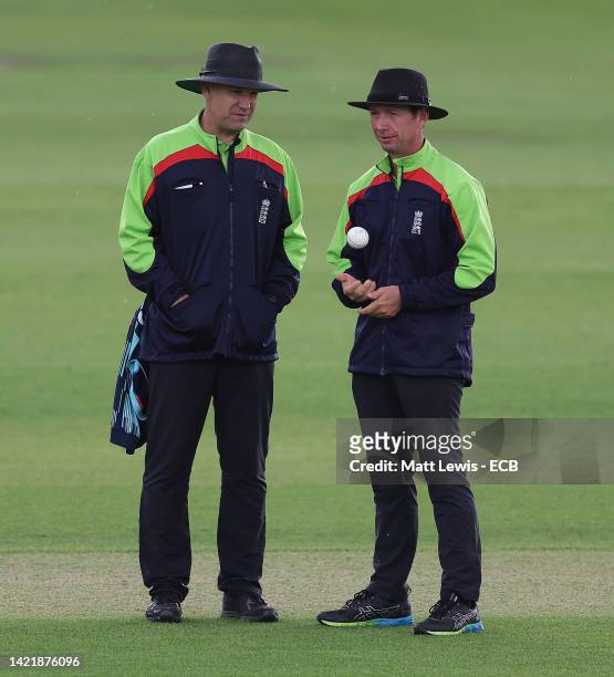 Umpires James Middlebrook and Rob White pictured during a One Day Match between England /u19 and Sri Lanka U19 at New Road on September 08, 2022 in...