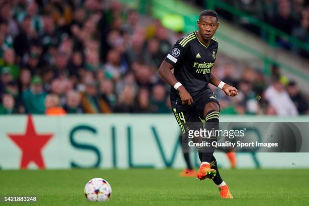 David Alaba of Real Madrid passes the ball during the UEFA Champions League group F match between Celtic FC and Real Madrid at Celtic Park on...