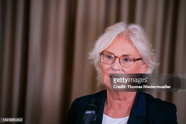 German Defense Minister Christine Lambrecht attends a press conferece during a meeting of the Ukraine Defence Contact Group at the U.S. Military's...
