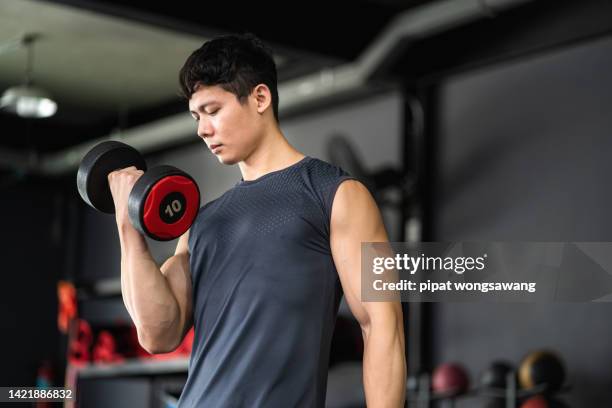 man lifting dumbbells to build arm muscles in gym.concept of exercise and health care - entrenamiento de fuerza fotografías e imágenes de stock