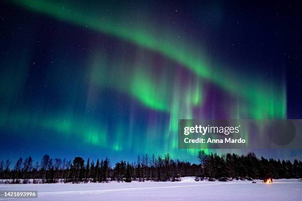 very strong northern lights in green and purple on the nightsky. - finnish lapland stock pictures, royalty-free photos & images