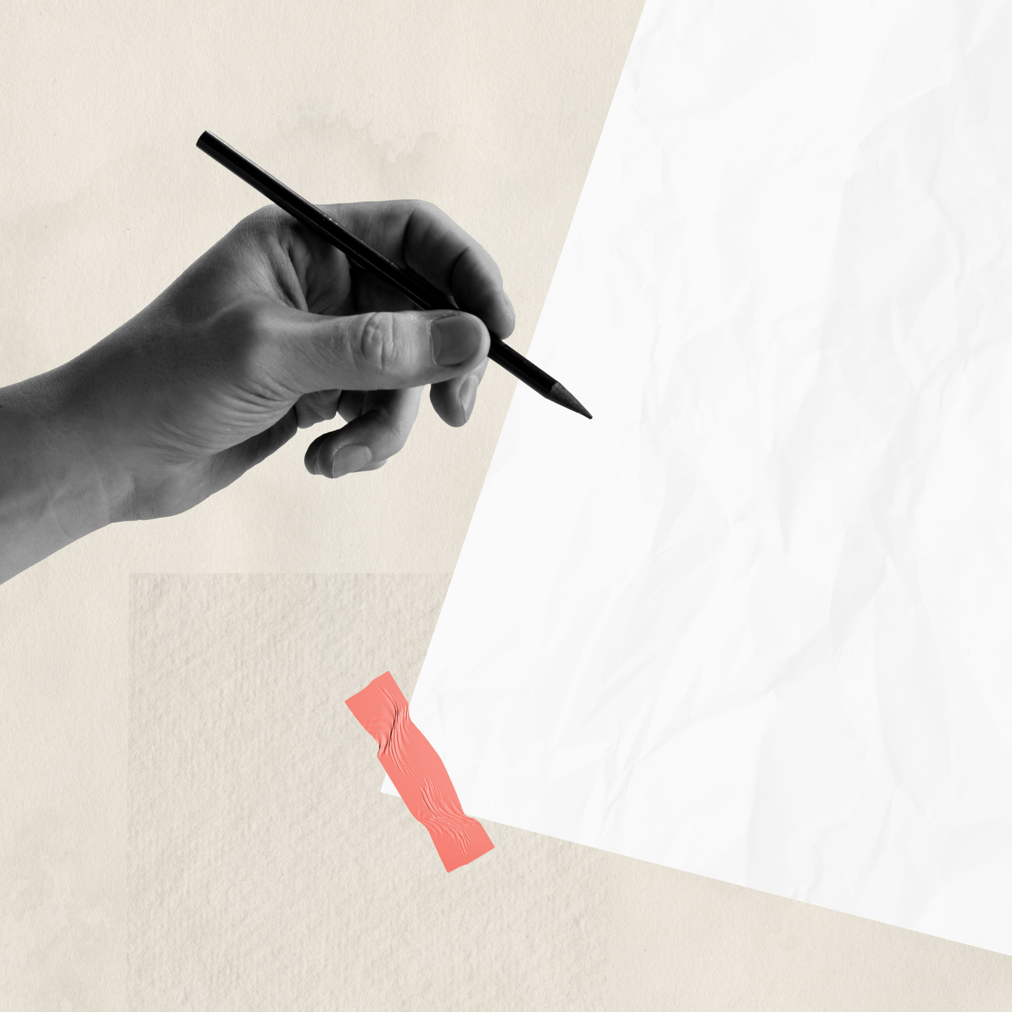 Contemporary art collage. Conceptual image of male hand with pencil and blank paper. Creation of story Contemporary art collage. Conceptual image of male hand with pencil and blank paper. Creation of story