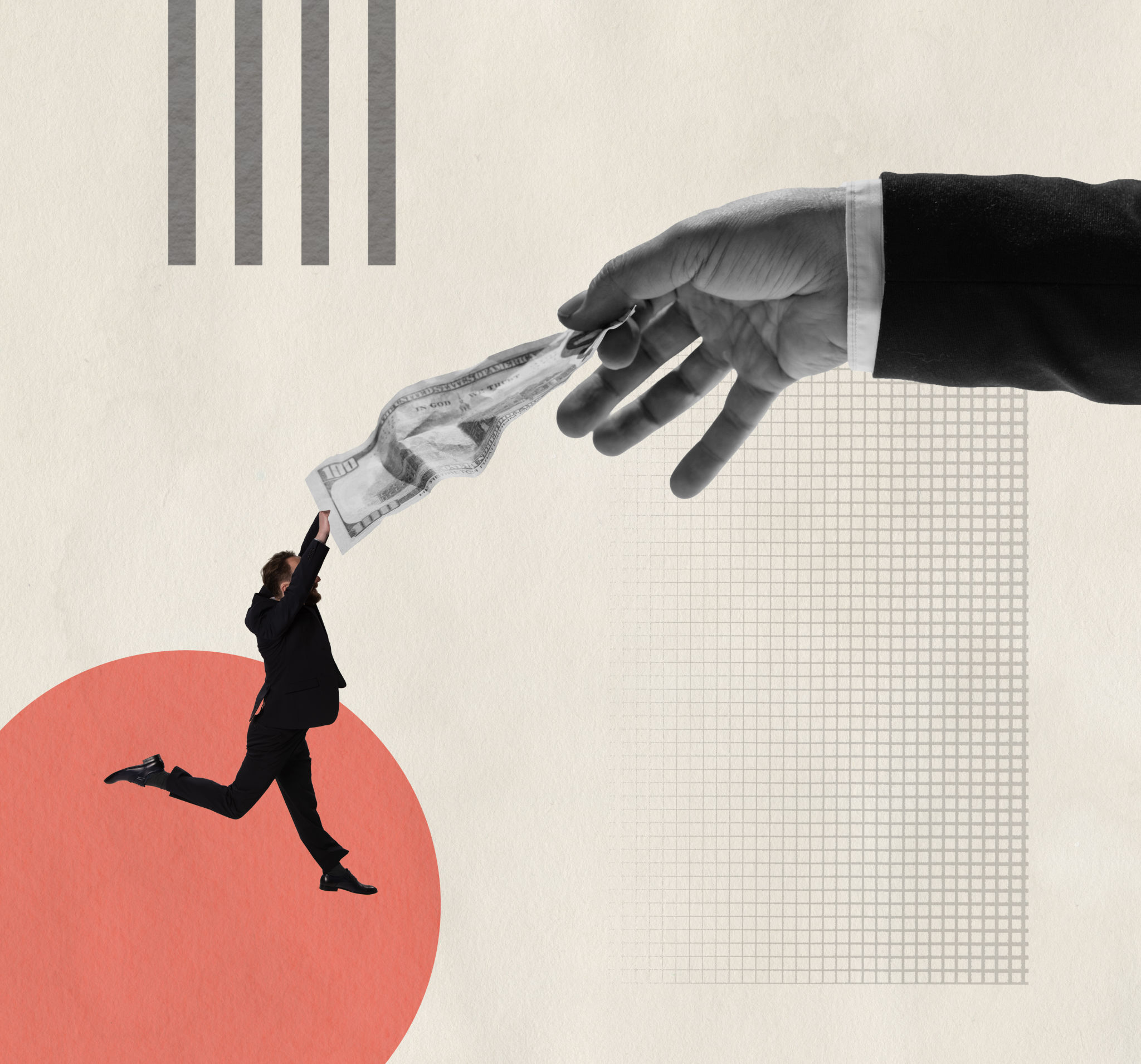 Contemporary art collage. Conceptual image. Businessman catching money given by a hand Contemporary art collage. Conceptual image. Businessman catching money given by a hand