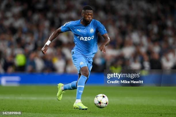 Chancel Mbemba of Marseille in action during the UEFA Champions League group D match between Tottenham Hotspur and Olympique Marseille at Tottenham...