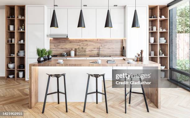 modern white kitchen with rectangular breakfast kitchen island with stools - wooden floor white background stock pictures, royalty-free photos & images