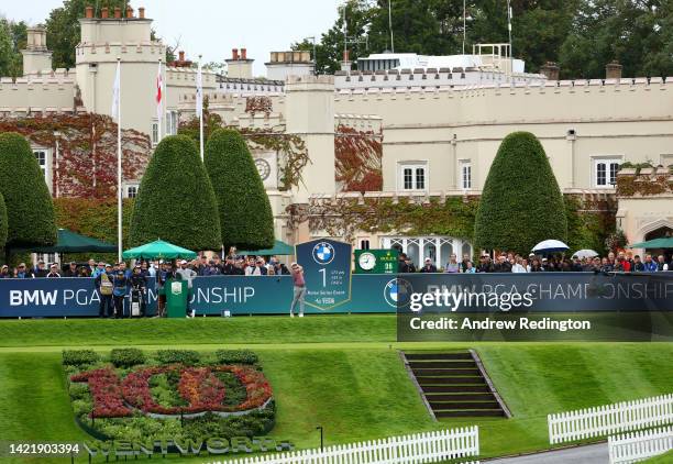 Tyrell Hatton of England tees off on the 1st hole during Day One of the BMW PGA Championship at Wentworth Golf Club on September 08, 2022 in Virginia...