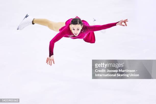 Justine Miclette of Canada competes in the Junior Women's Short Program during the ISU Junior Grand Prix of Figure Skating at Volvo Sporta Centrs on...