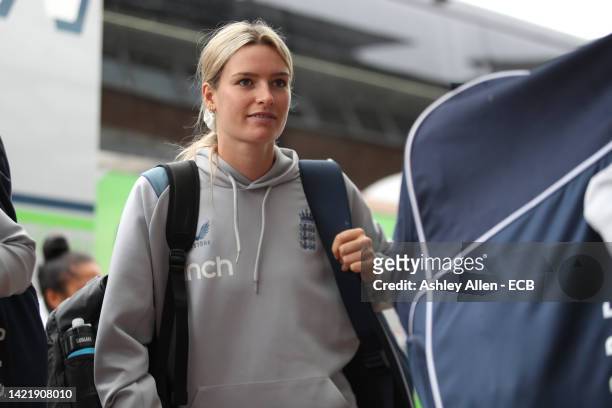 Lauren Bell of England Women's team arrives ahead of a nets and training session at Seat Unique Riverside on September 08, 2022 in Chester-le-Street,...