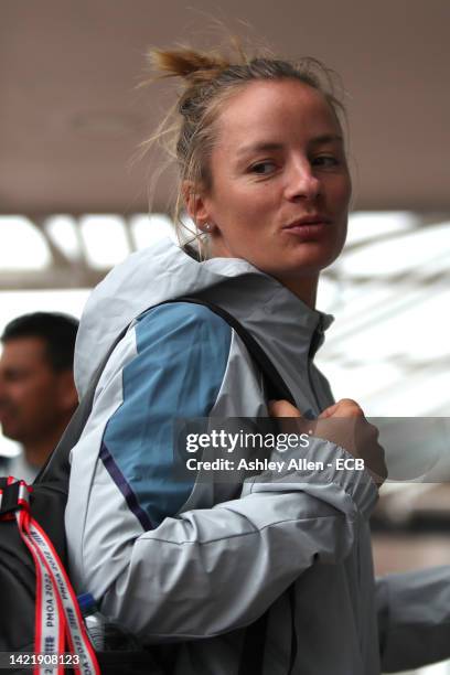 Danni Wyatt of England Women's team arrives ahead of a nets and training session at Seat Unique Riverside on September 08, 2022 in Chester-le-Street,...