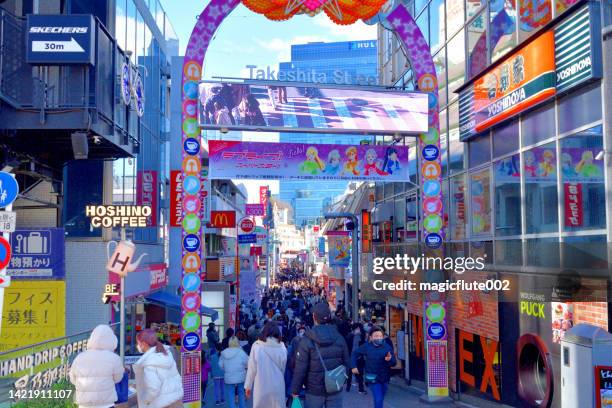 big crowd at takeshita street, harajuku, tokyo, during new year season - harajuku district stock pictures, royalty-free photos & images