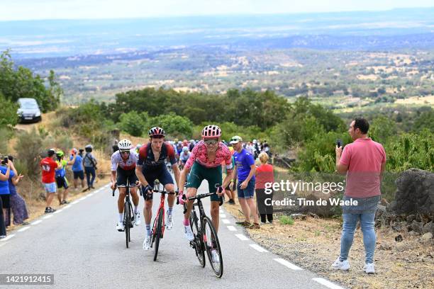 Davide Villella of Italy and Team Cofidis, Tao Geoghegan Hart of United Kingdom and Team INEOS Grenadiers and Hugh Carthy of United Kingdom and Team...