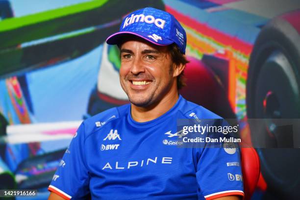 Fernando Alonso of Spain and Alpine F1 talks in the drivers press conference during previews ahead of the F1 Grand Prix of Italy at Autodromo...