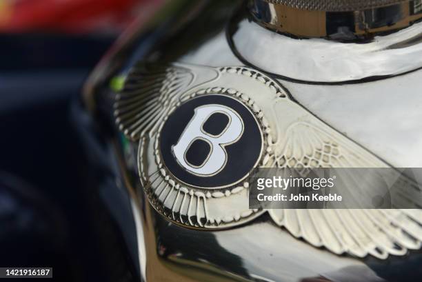 Radiator logo badge on a 1929 Bentley 4 1/2 Litre Vanden Plas Open Tourer classic car is displayed during the Concours of d'elegance at Hampton Court...