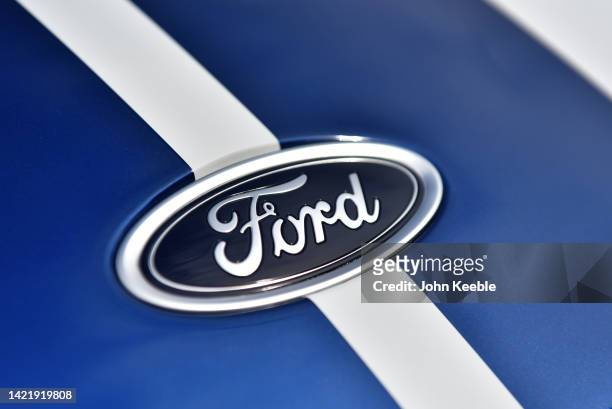 Logo bonnet badge on a Ford GT is displayed for sale during the Concours of d'elegance at Hampton Court Palace on September 02, 2022 in London,...