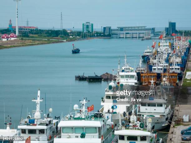 nantong rudong county, yangkou port fishing boat wharf, a large number of fishing boats docked on the shore. nantong city, jiangsu province, china. - nantong stock-fotos und bilder