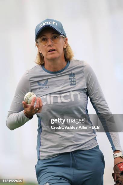 Head coach of England's Women team Lisa Keightley during a nets and training session at Seat Unique Riverside on September 08, 2022 in...