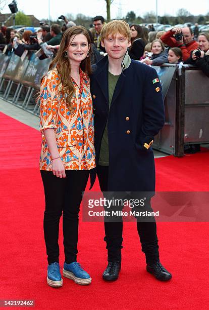 Bonnie Wright and Rupert Grint attend the grand opening of Warner Bros Studio Tour London at Leavesden Studios on March 31, 2012 in Watford, England.